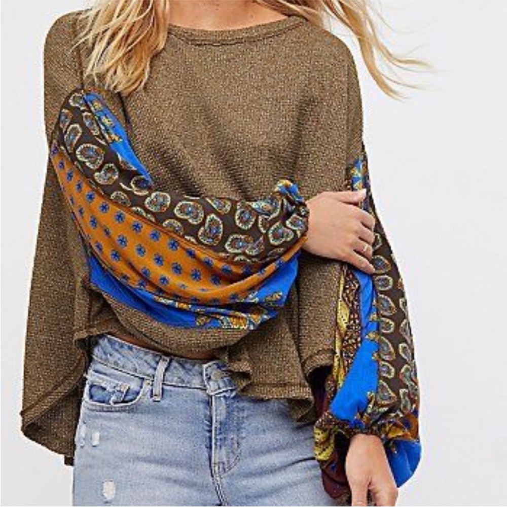 Free People We The Free Blossom Thermal Top Small Boho Mixed Sleeve